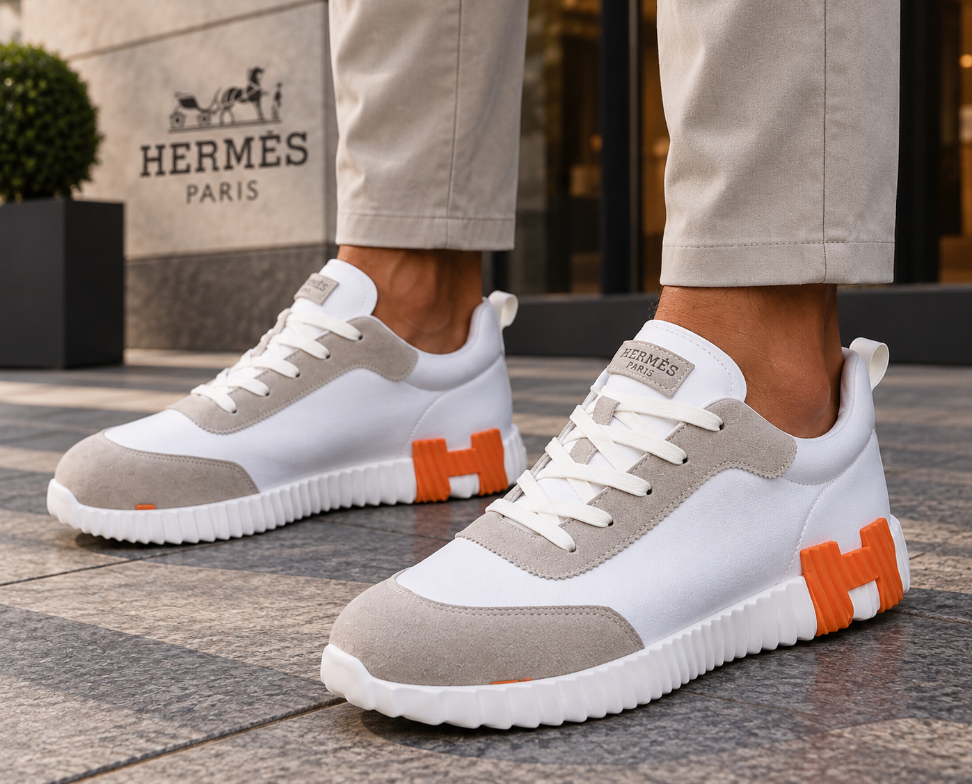 a2a491fd-b875-4edd-903a-72702a763f53 Мъжки маратонки Hermès – бяло, бежово и оранжево - Image 1